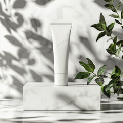 Close-up of sunscreen skin care cream tube blank packaging tube of face cream on yellow white background.


