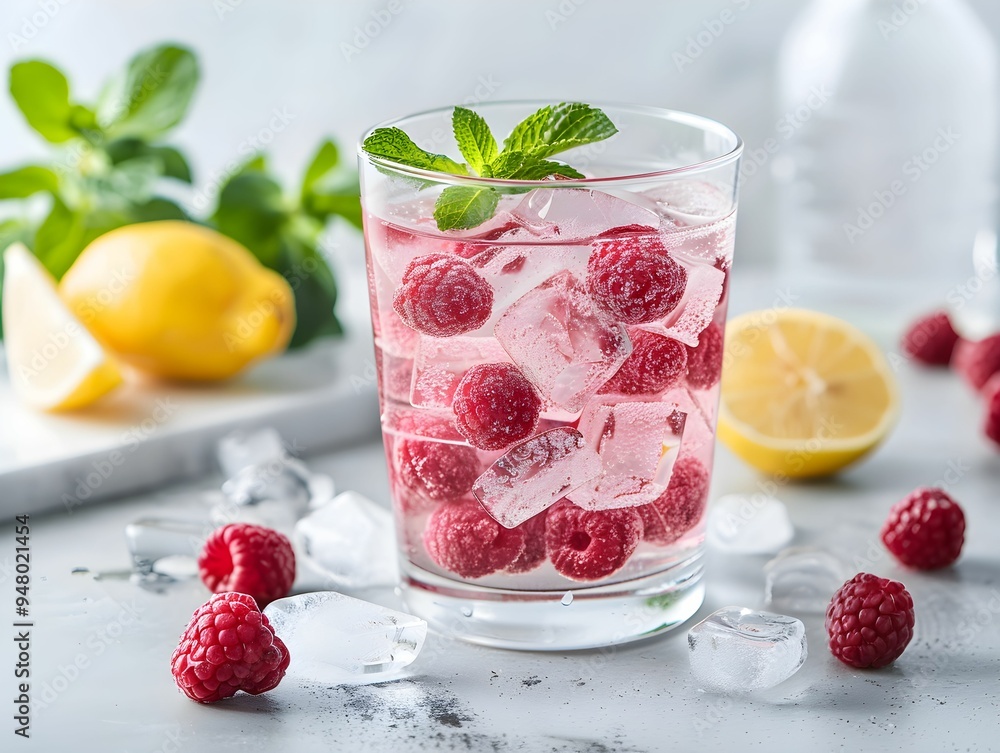 Aufkleber refreshing raspberry lemon drink with ice served in a clear glass on a marble countertop adorned wit