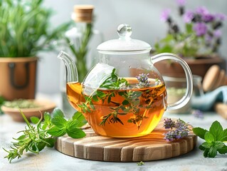 Fresh herbal tea brewing in a glass teapot surrounded by various herbs and plants in a bright kitchen setting