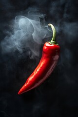 Delicious smoky red pepper, isolated on dark background. A vibrant red chili pepper covered in water droplets, with wisps of smoke curling around it.