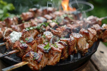 Juicy marinated  kebabs cooking on an outdoor grill, with smoke, slices of lemon, tomatoes, and...