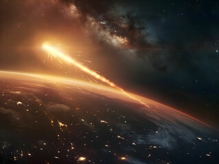 Obraz premium A luminous meteor streaking across the night sky above Earth, illuminating the planet's surface in a breathtaking cosmic display
