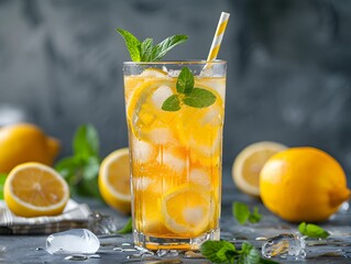 Fototapeta premium Refreshing lemon and mint drink served with ice cubes and fresh lemon slices on a dark background
