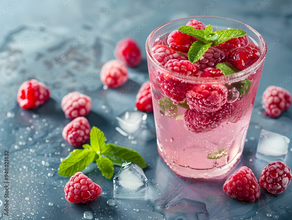 Poster refreshing raspberry drink with mint leaves and ice in a clear glass on a stylish surface with scatt