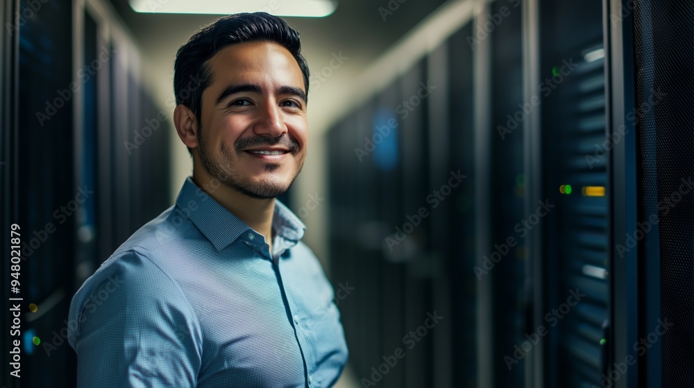 Poster a young professional smiling confidently in a modern data center filled with server racks during a b