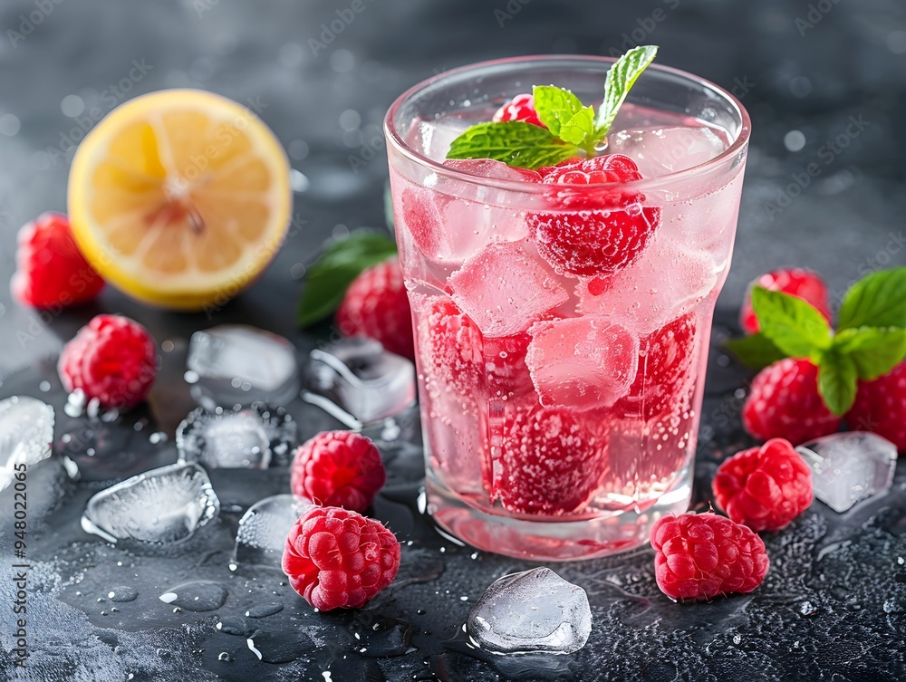 Poster refreshing raspberry lemonade served over ice with mint garnish on a dark surface