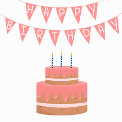 Happy birthday background banner. Greeting card, congratulations. Birthday cake with candles. Pink colors, vector simple design