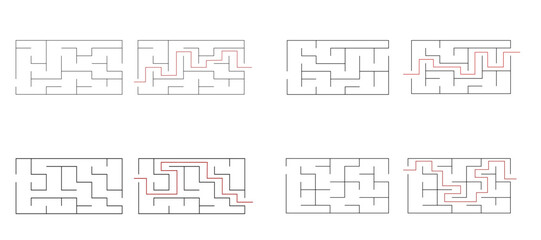 Simple labyrinth maze game vector illustration set. Find right way, simple logic game. Puzzle for kids.