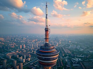 Aerial view of a modern communications tower rising above the city skyline during a colorful sunset