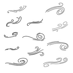 Fototapeta premium Hand drawn vector scribble curves set. Whirl, stroke, wind, movement. Pen doodle, hand written. Collection isolated on white background.