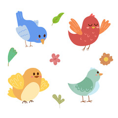 Set of cute birds. Vector flat design, kids illustration. Childish style. Muted pastel colors, baby animals.