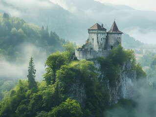 A medieval castle perched on a misty hilltop surrounded by lush green trees in the early morning light