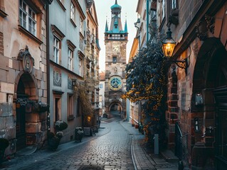 Charming cobblestone street in a historic town with a clock tower at sunset surrounded by traditional buildings and warm streetlights