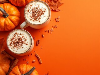 Top view of pumpkins and pumpkin spice lattes on orange background with copy space 