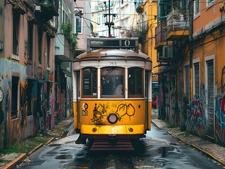 A vibrant yellow tram navigating a narrow, graffiti-covered street in Lisbon during a cloudy day