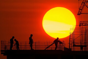 Fototapeta premium Silhouette of Construction Workers and Cranes at Sunset
