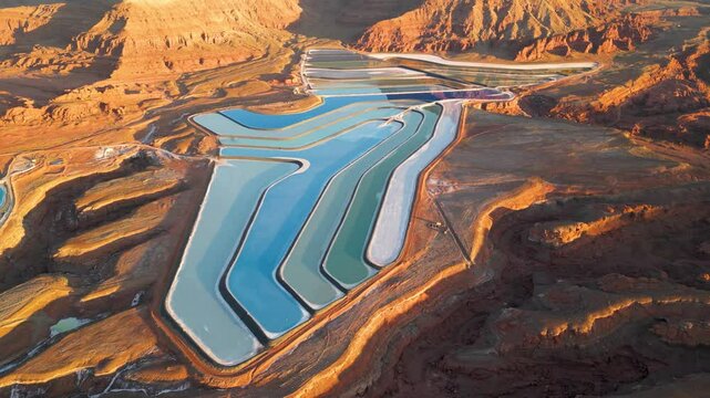 Aerial view of beautiful potash ponds with turquoise water and majestic rock formations, Moab, United States.