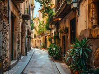 Obraz premium Charming narrow street lined with plants and flowering balconies in a quaint European village during a sunny afternoon