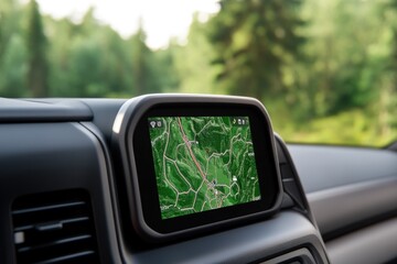 High-Tech GPS Navigation System Integrated into Vehicle Control Panel, Isometric View with Topographic Map Route Options and Industrial Textures