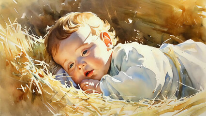 Close-Up of Baby Jesus in a Manger with Soft Lighting in art painting drawing style new beautiful stock image illustration AI