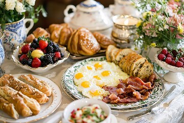 Fototapeta premium Brunch spread with a variet of dishes pastries. Village Breakfast with pastries, vegetables, greens, spreads, cheeses, fried eggs, jams. 