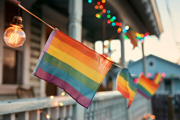 Fototapeta premium Rainbow flags displayed on a porch with colorful lights in a vibrant neighborhood