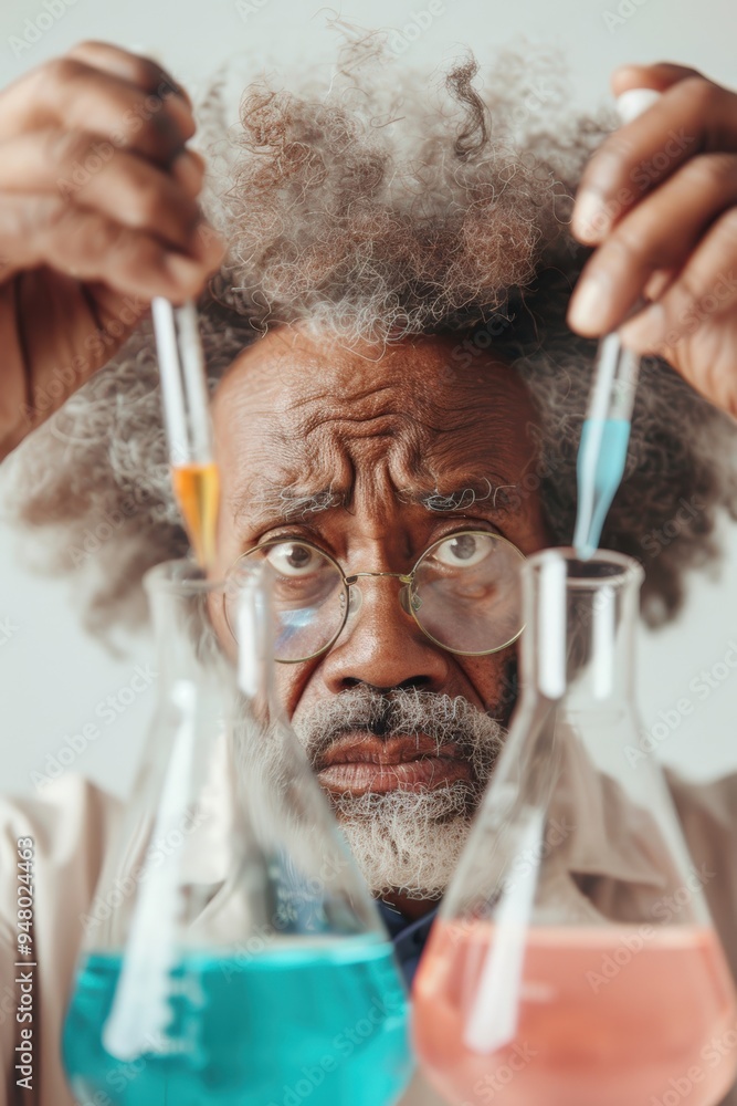 Wall mural excited scientist mixing colorful solutions in laboratory setting