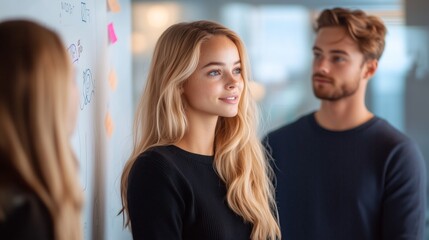 Team members standing in front of a whiteboard, discussing strategies in a workspace 