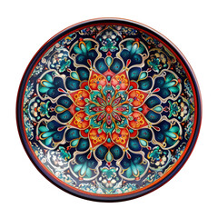 Vibrant mandala design on decorative plate, showcasing intricate patterns and rich colors, evoking sense of harmony and beauty. 