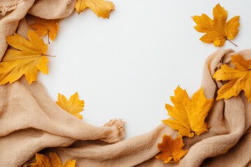 Autumn leaves border on burlap fabric background