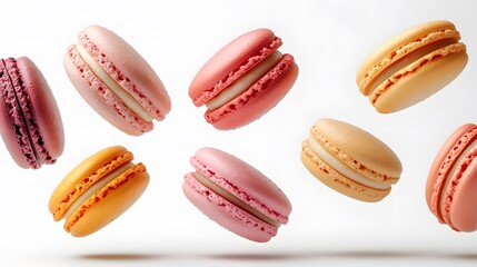 Magnificent macarons floating in the air beautifully deconstructed isolated on white background.