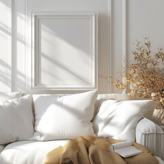 pillow living room couch living sofa comfortable furniture lamp 3d up contemporary indoor poster apartment floor luxury room cosy chair elegant image frame interior mock blank illustrati