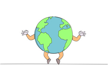 Single one line drawing globe doing yoga movements. The calm of the earth keeps life longer. One day without pollution, gives freshness to the earth. Save. Continuous line design graphic illustration