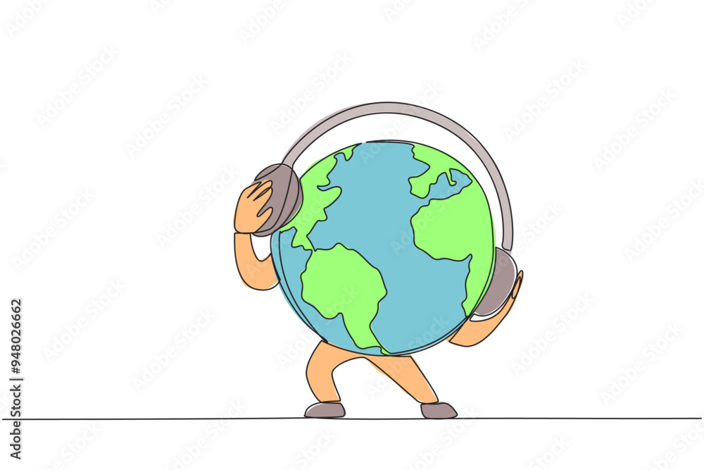 Poster single continuous line drawing the globe wearing headphones. the concept of protecting the earth wit