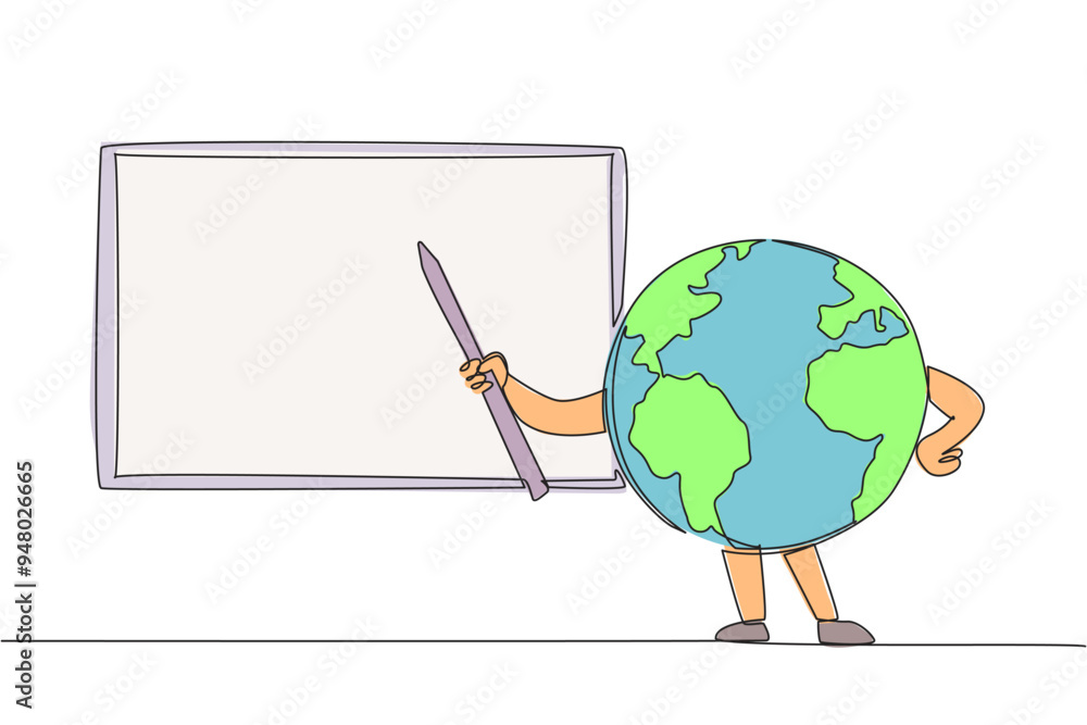 Aufkleber single one line drawing globe holds a stick while pointing towards the blackboard. explain the annou