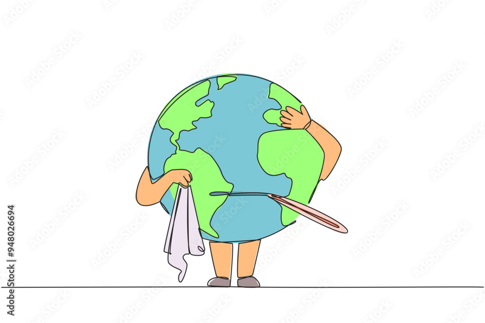 Poster continuous one line drawing globe chews thermometer while holding handkerchief. imbalance occurs. th