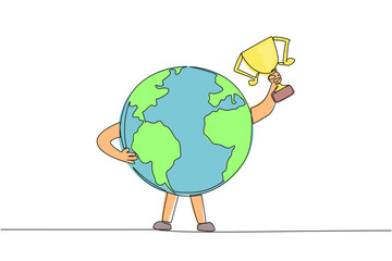 Single one line drawing globe raised the trophy with one of his hands. The best place for all living things. Keeping the earth green. Saving the earth. Continuous line design graphic illustration