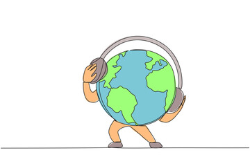 Single continuous line drawing the globe wearing headphones. The concept of protecting the earth with joy. For a better earth. Maintaining the ecosystem. Protect. One line design vector illustration
