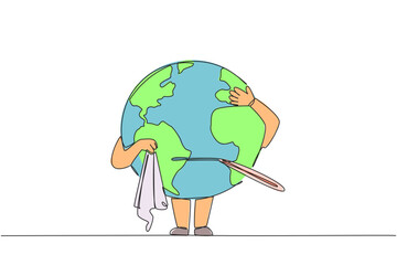 Continuous one line drawing globe chews thermometer while holding handkerchief. Imbalance occurs. The earth's temperature is getting warmer. Global warming. Single line draw design vector illustration
