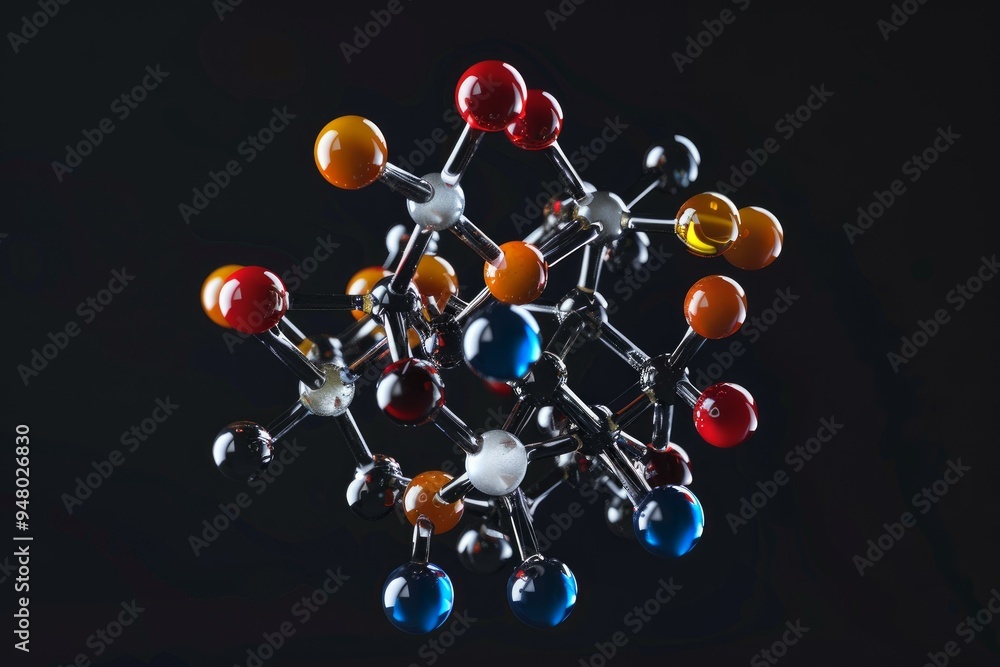 Poster molecular structure model with colorful atoms is floating on a black background