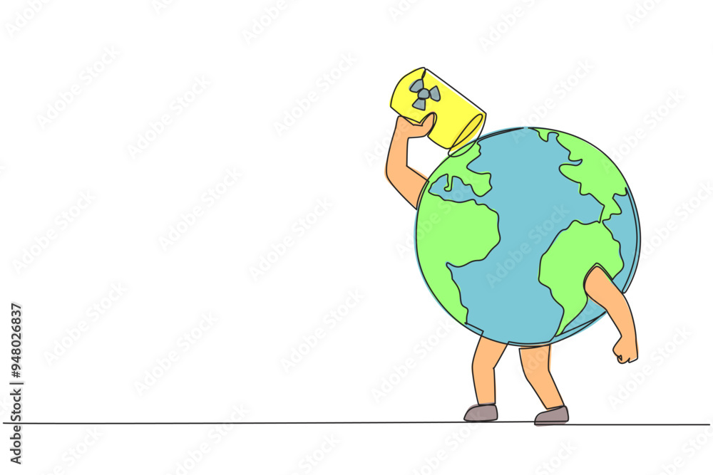 Poster single continuous line drawing globe drinking oil drums. exploiting natural resources can also damag