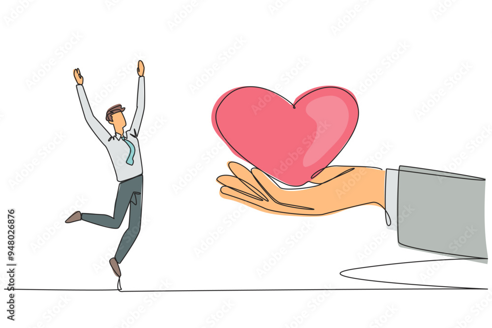 Poster single one line drawing the businessman is happy to get love from the giant hand. doing business usi