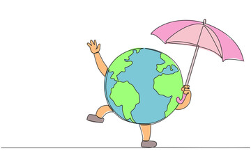 Continuous one line drawing globe holding an umbrella. Protects the earth's ozone layer from perforating. The air remains healthy. No extreme weather. Single line draw design vector illustration