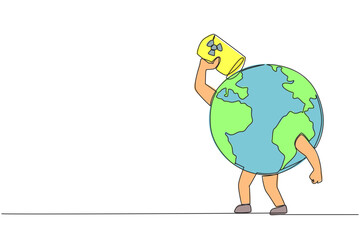 Single continuous line drawing globe drinking oil drums. Exploiting natural resources can also damage earth. Dangerous to earth. The extinction of the ecosystem. One line design vector illustration