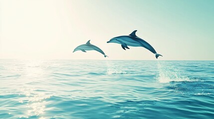 A pair of dolphins jump out of the turquoise sea