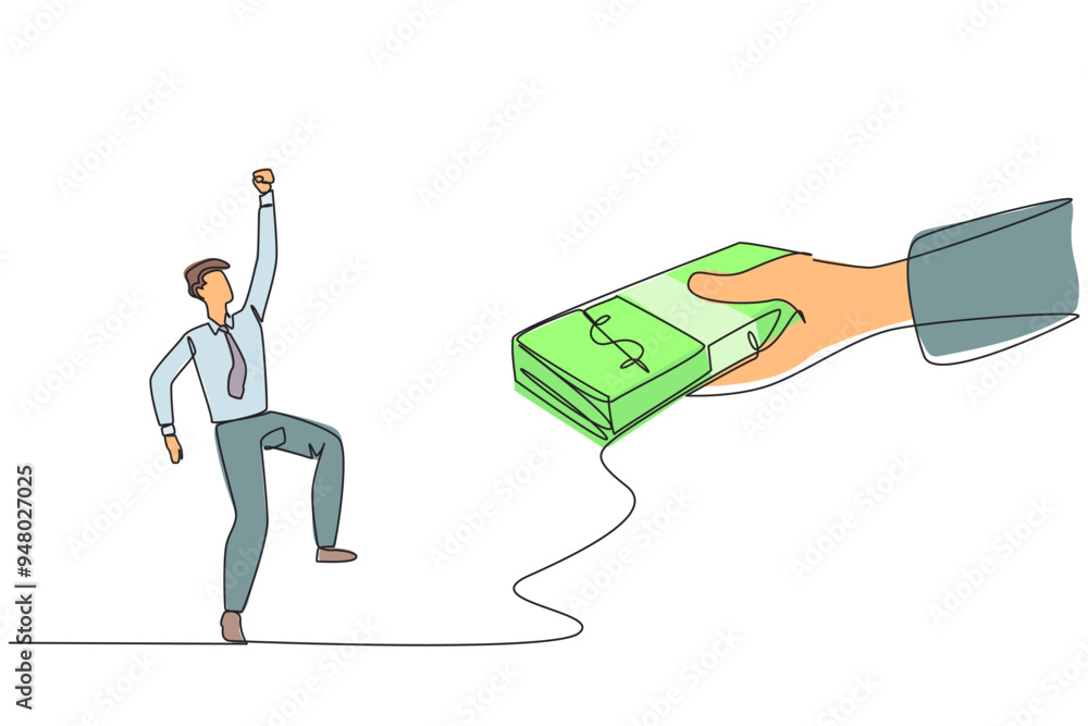 Poster continuous one line drawing businessman was excited to get a stack of banknotes from giant hand. get