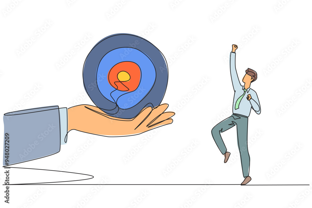 Poster single continuous line drawing the businessman was excited to get the arrow target board from a gian