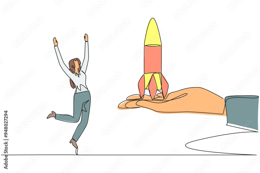 Poster continuous one line drawing the businesswoman is happy to get rocket from the giant hand. get an off