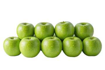 A Pyramid of Granny Smith Apples: Ten vibrant green Granny Smith apples arranged meticulously in a pyramid formation against a pristine white background. 