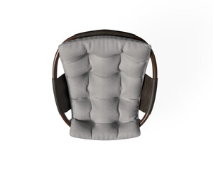 Modern accent chair with a curved wooden frame and a plush, tufted white cushion.